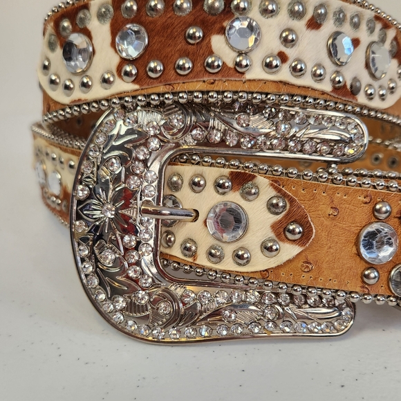 Womens Cowgirl Western Belt Bling Rodeo Western Boho Bohemian Leather Brown y2k - Picture 2 of 10